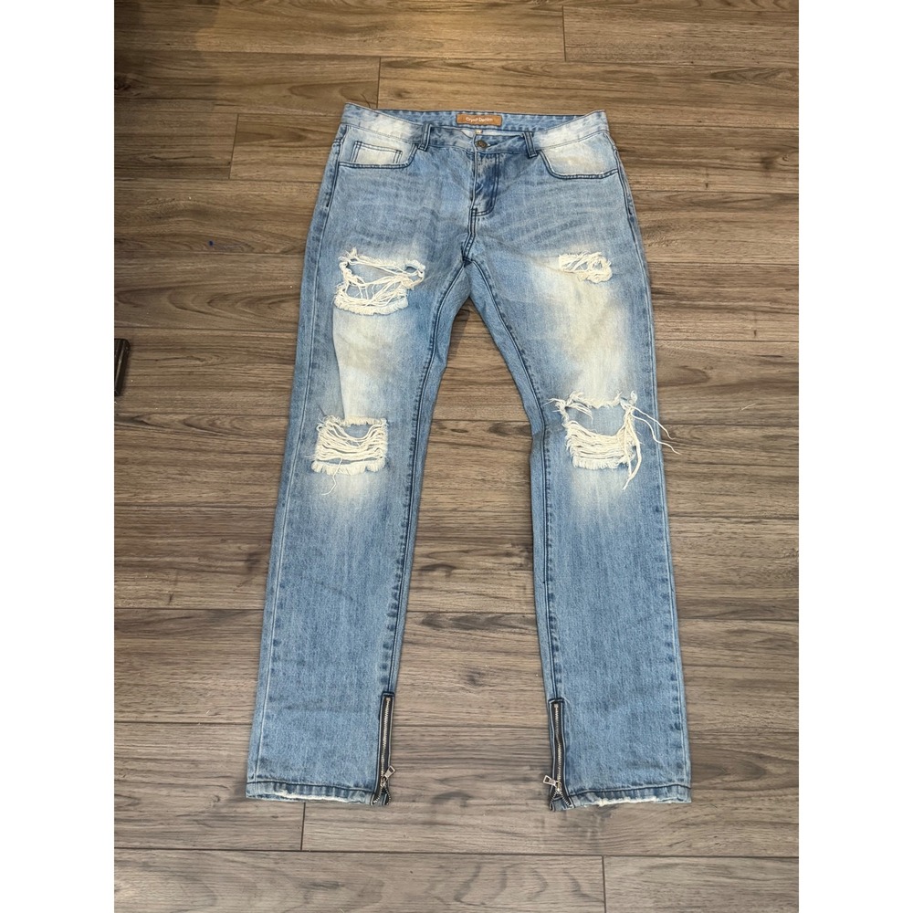 Crysp Denim Men's Distressed Slim Ankle Zip Jeans Light Wash Distressed Size 34